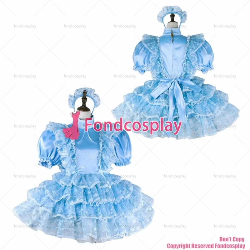 fondcosplay adult sexy cross dressing sissy maid short blue satin dress lockable Uniform cosplay costume CD/TV[G2269]