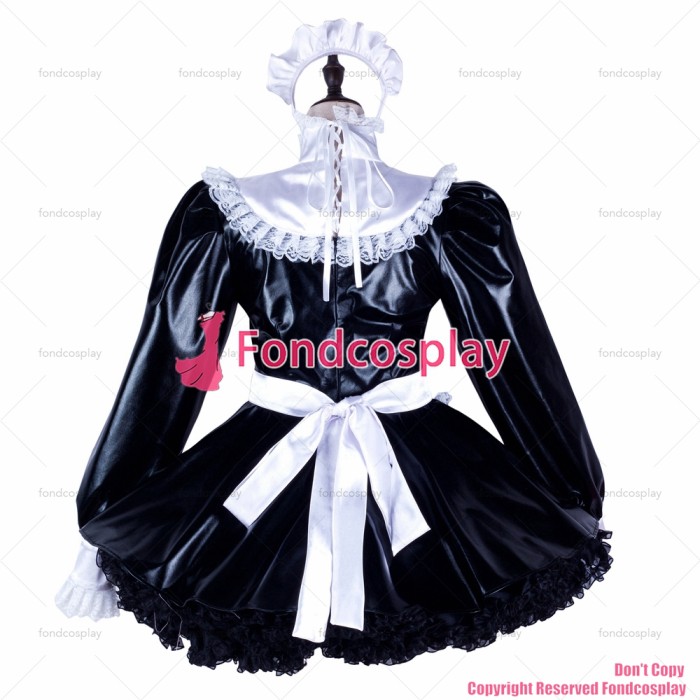 fondcosplay adult sexy cross dressing sissy maid Elastic black thin pvc dress lockable Uniform white apron CD/TV[G2348]