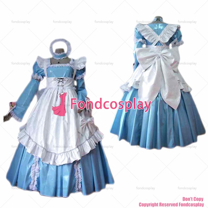fondcosplay adult sexy cross dressing sissy maid long baby blue pvc dress lockable Uniform white apron CD/TV[G2470]