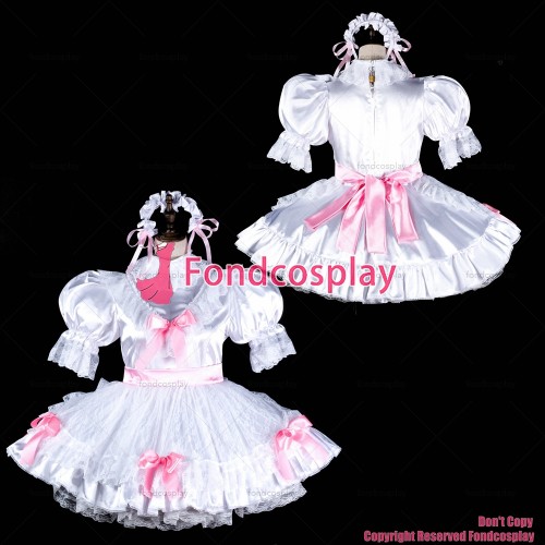 fondcosplay adult sexy cross dressing sissy maid short white satin dress lockable Uniform cosplay costume CD/TV[G2325]