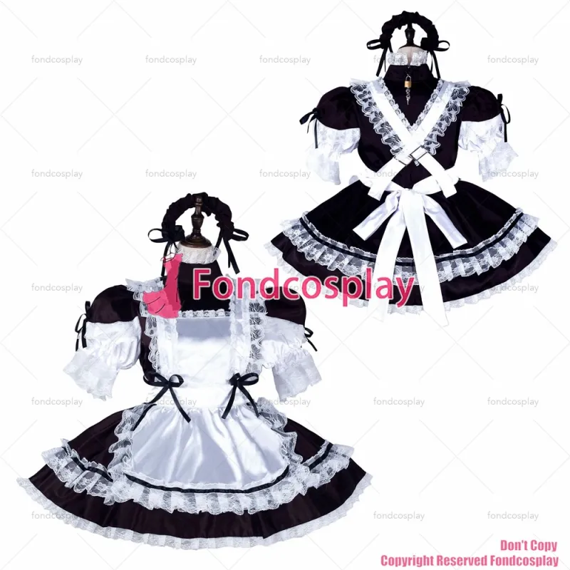 fondcosplay adult sexy cross dressing sissy maid short black satin dress lockable Uniform white apron costume CD/TV[G2256]