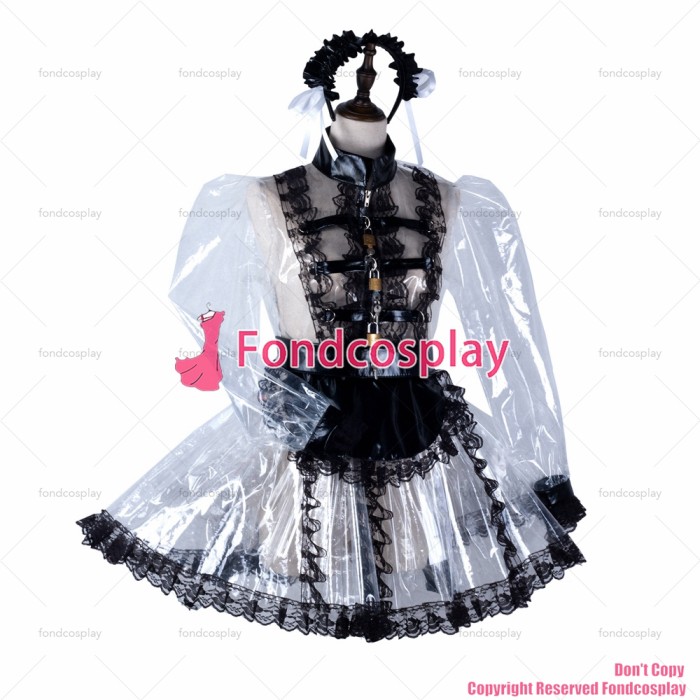 fondcosplay adult sexy cross dressing sissy maid short clear pvc dress lockable Uniform black apron costume CD/TV[G2295]