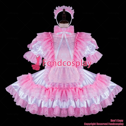 fondcosplay adult sexy cross dressing sissy maid short white satin dress lockable Uniform apron costume CD/TV[G2274]
