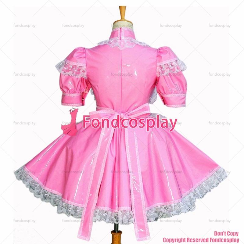 fondcosplay adult sexy cross dressing sissy maid short pink thin PVC dress lockable Uniform apron costume CD/TV[G260]