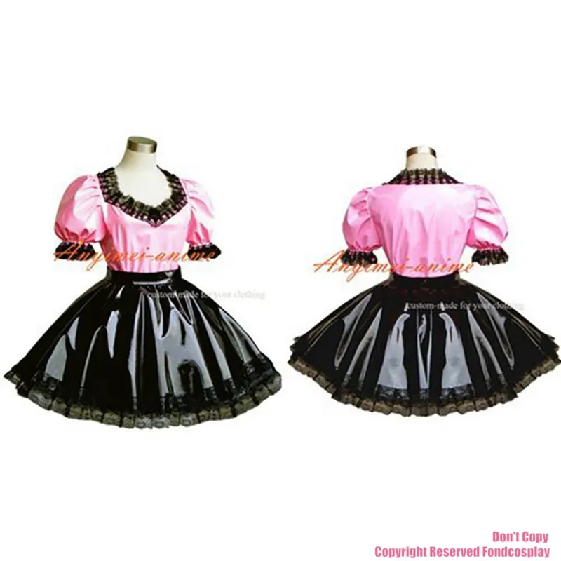 fondcosplay adult sexy cross dressing sissy maid pink thin shirt Gothic Lolita Punk blakc heavy Pvc skirt CD/TV[G291]