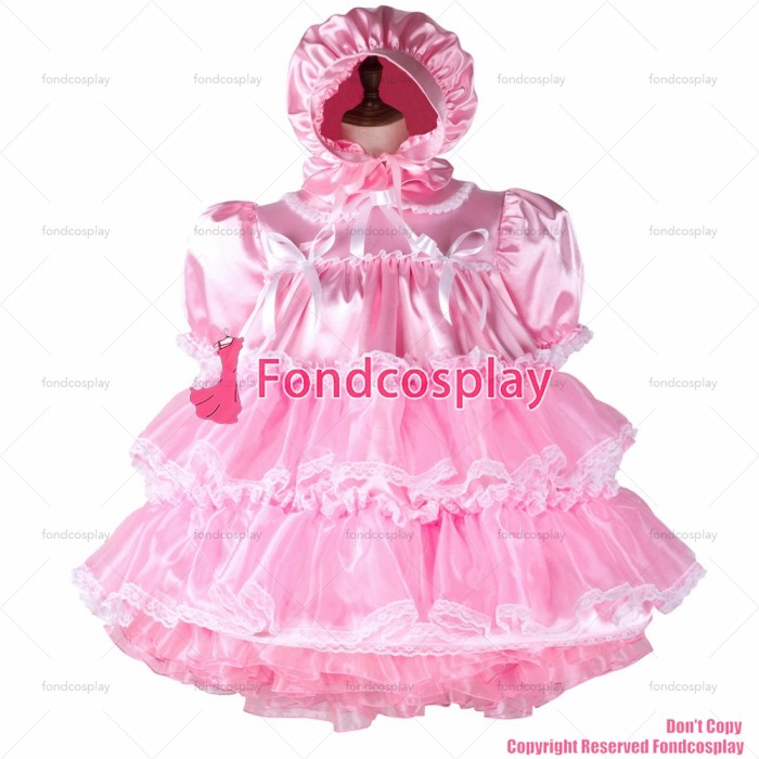 fondcosplay adult sexy cross dressing sissy maid short baby pink satin Organza lockable dress hood CD/TV[G2363]