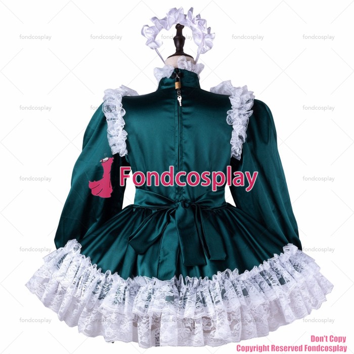 fondcosplay adult sexy cross dressing sissy maid short Dark green satin dress lockable Uniform white apron CD/TV[G2241]