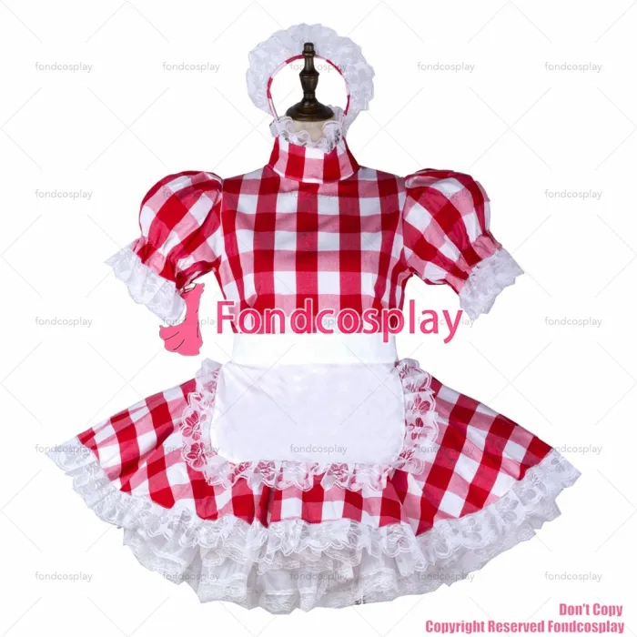 fondcosplay adult sexy cross dressing sissy maid red lattice cotton dress lockable Uniform white apron CD/TV[G2354]