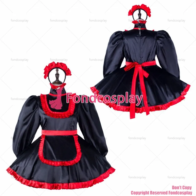fondcosplay adult sexy cross dressing sissy maid short black satin dress lockable Uniform apron costume CD/TV[G2333]