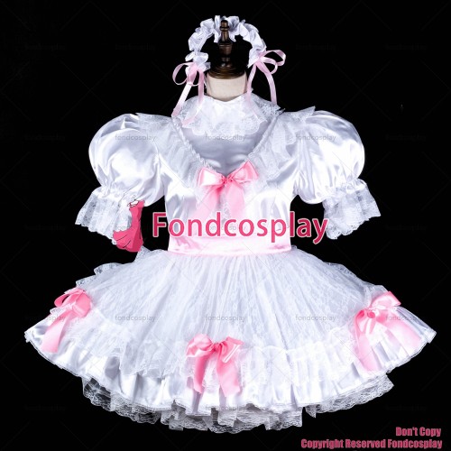 fondcosplay adult sexy cross dressing sissy maid short white satin dress lockable Uniform cosplay costume CD/TV[G2325]