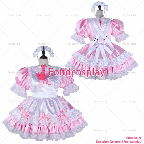 fondcosplay adult sexy cross dressing sissy maid short baby pink satin dress lockable white apron Uniform CD/TV[G2338]