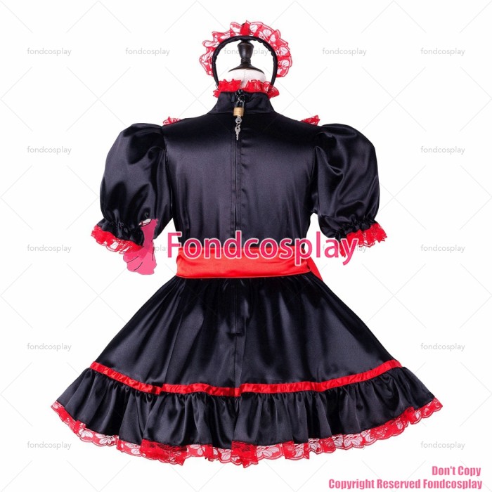 fondcosplay adult sexy cross dressing sissy maid short black satin dress lockable Uniform cosplay costume CD/TV[G2246]