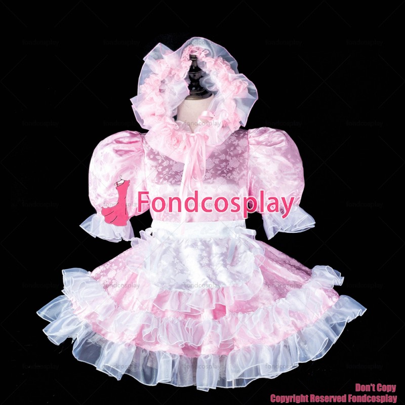 fondcosplay adult sexy cross dressing sissy maid baby pink satin dress lockable Uniform white aporn headpiece CD/TV[G2407]