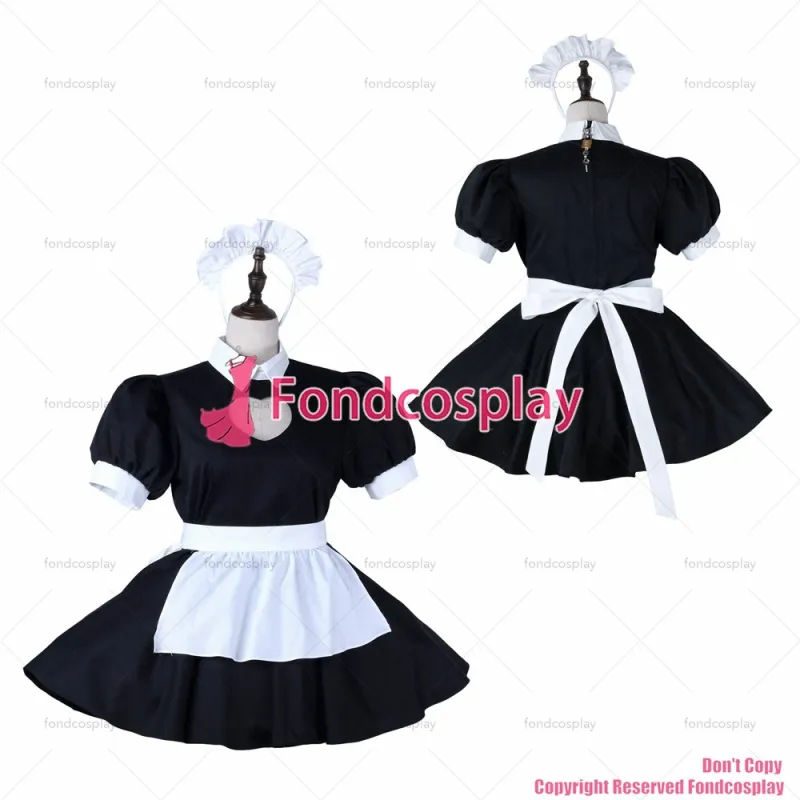 fondcosplay adult sexy cross dressing sissy maid short black cotton dress lockable Uniform white apron CD/TV[G2278]