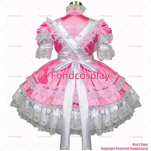 fondcosplay adult sexy cross dressing sissy maid short Pink Satin Dress Lockable Uniform white apron Costume CD/TV[G265]