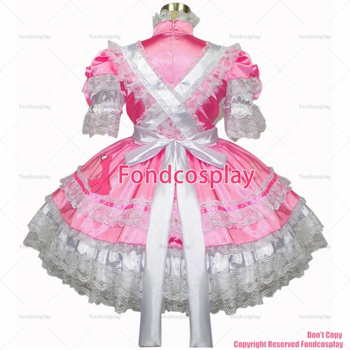fondcosplay adult sexy cross dressing sissy maid short Pink Satin Dress Lockable Uniform white apron Costume CD/TV[G265]