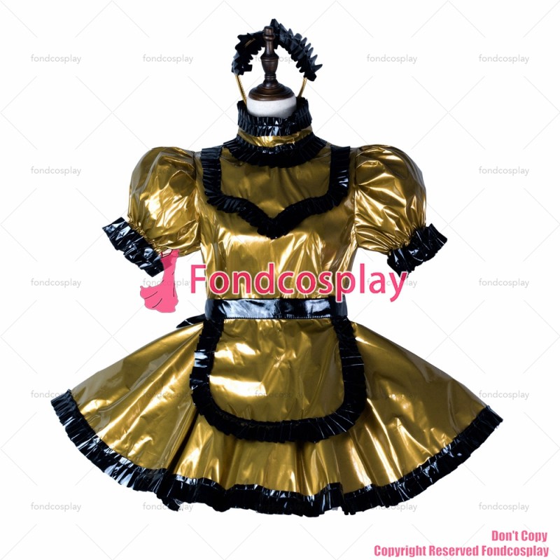 fondcosplay adult sexy cross dressing sissy maid Dark gold thin pvc dress lockable Uniform apron costume CD/TV[G2356]