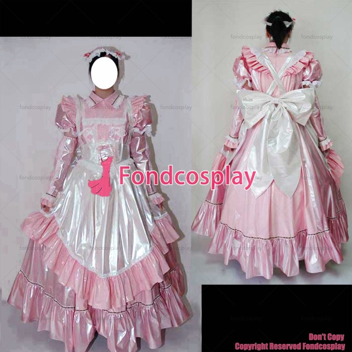 fondcosplay adult sexy cross dressing sissy maid long baby pink thin pvc dress lockable Uniform white apron CD/TV[G2454]