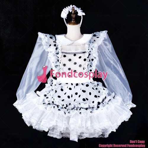 fondcosplay adult sexy cross dressing sissy maid short white Dots satin dress lockable organza Uniform CD/TV[G2324]