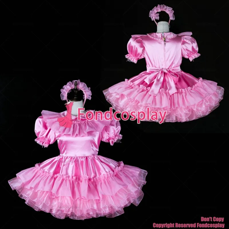 fondcosplay adult sexy cross dressing sissy maid short satin dress lockable pink Uniform costume CD/TV[G2401]