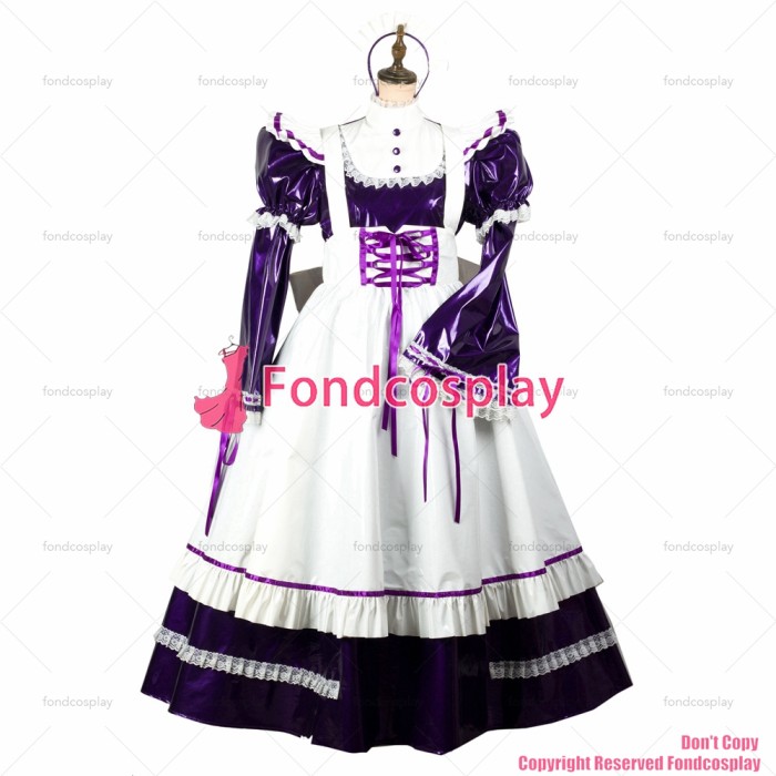 fondcosplay adult sexy cross dressing sissy maid long Purple thin pvc dress lockable Uniform white apron CD/TV[G2436]