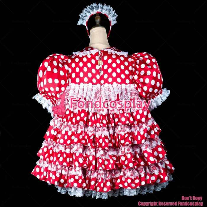 fondcosplay adult sexy cross dressing sissy maid short red Dots satin dress lockable Uniform Peter Pan collar CD/TV[G2414]
