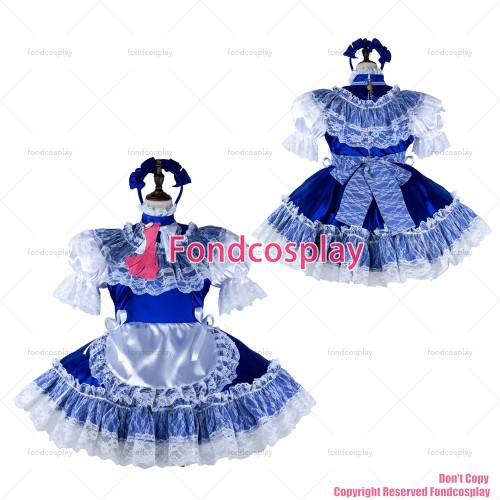 fondcosplay adult sexy cross dressing sissy maid short blue satin dress lockable Uniform white apron lace CD/TV[G2307]
