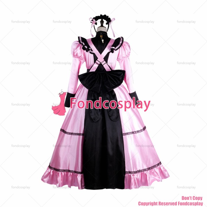 fondcosplay adult sexy cross dressing sissy maid long baby pink satin dress lockable black apron Uniform CD/TV[G2300]