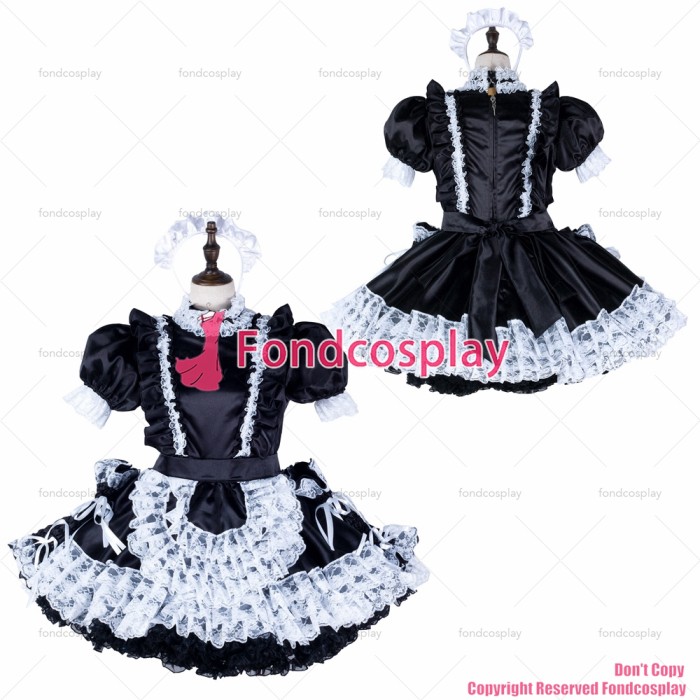 fondcosplay adult sexy cross dressing sissy maid black satin dress lockable lace Uniform cosplay costume CD/TV[G2351]