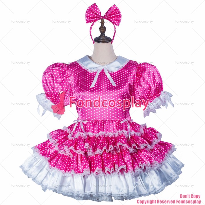 fondcosplay adult sexy cross dressing sissy maid hot pink Dots satin dress lockable Uniform Peter Pan collar CD/TV[G2423]