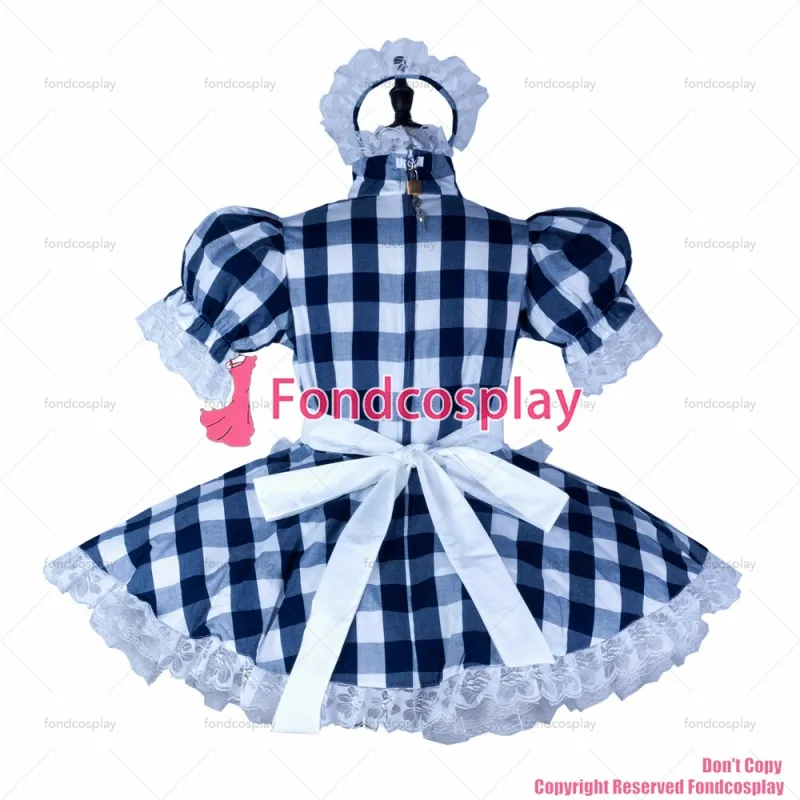 fondcosplay adult sexy cross dressing sissy maid Navy blue lattice cotton dress lockable Uniform white apron CD/TV[G2355]