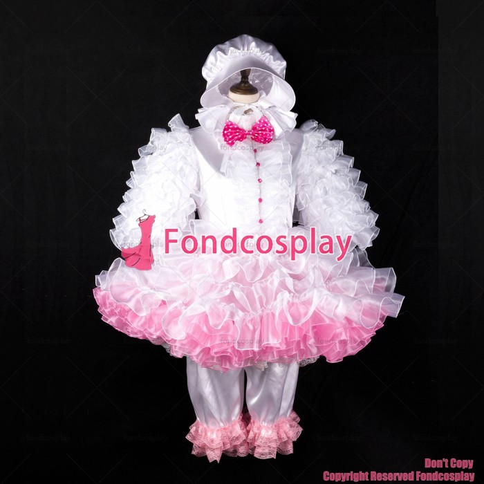 fondcosplay adult sexy cross dressing sissy maid short lockable white baby satin organza dress pants cap CD/TV[G2402]