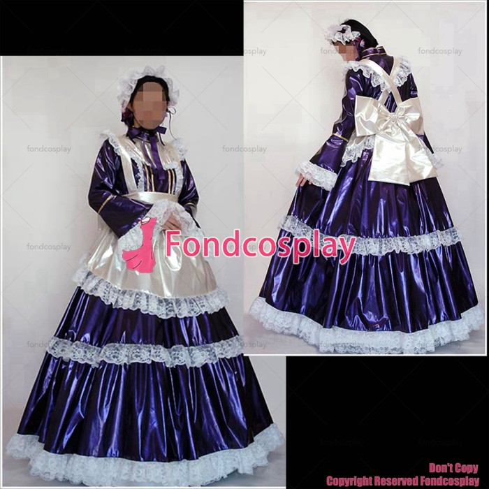 fondcosplay adult sexy cross dressing sissy maid long blue thin pvc dress lockable Uniform white apron CD/TV[G2471]