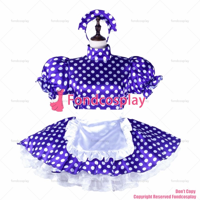 fondcosplay adult sexy cross dressing sissy maid short Purple dots satin dress lockable Uniform white apron CD/TV[G2264]