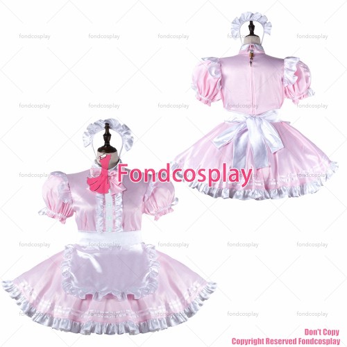 fondcosplay adult sexy cross dressing sissy maid baby pink satin dress lockable Uniform white apron costume CD/TV[G2279]