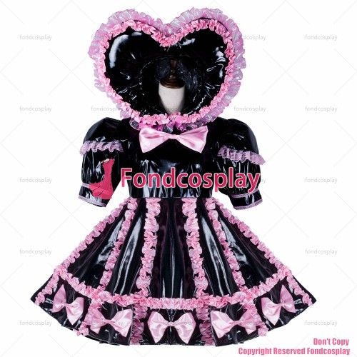 fondcosplay adult sexy cross dressing sissy maid baby black thin PVC Dress lockable heart hood pink Bowknot CD/TV[G2347]