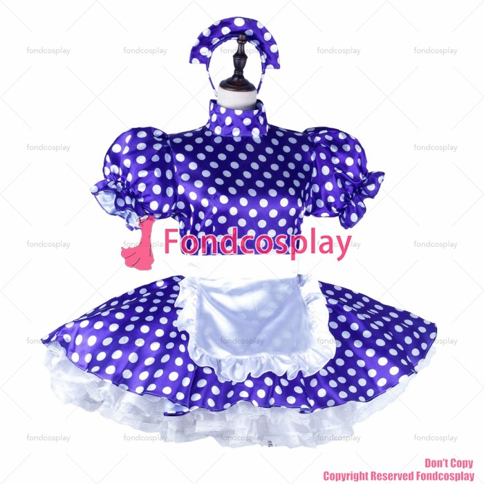 fondcosplay adult sexy cross dressing sissy maid short Purple dots satin dress lockable Uniform white apron CD/TV[G2264]