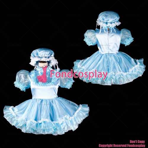 fondcosplay adult sexy cross dressing sissy maid short baby blue satin dress lockable hat headpiece Uniform CD/TV[G2399]