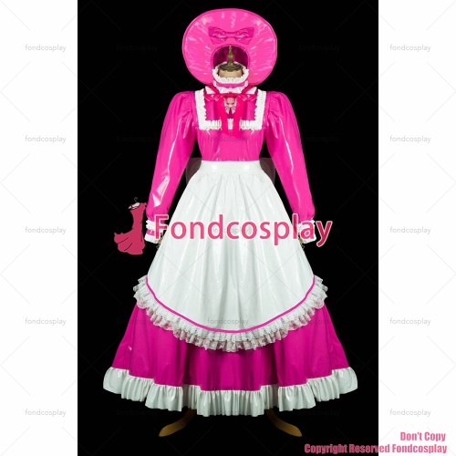 fondcosplay adult sexy cross dressing sissy maid long hot pink thin pvc dress lockable white apron headpiece CD/TV[G2419]