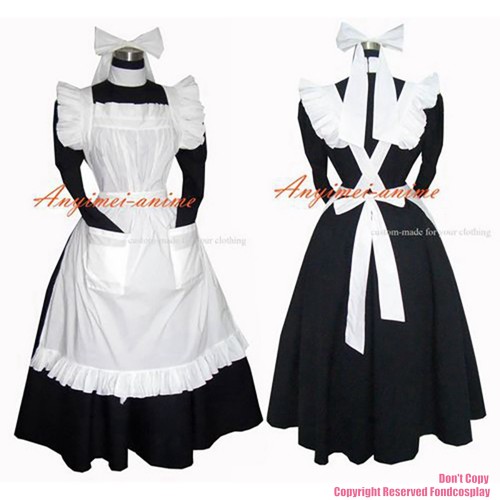 fondcosplay adult sexy cross dressing sissy maid long black Cotton Dress Lockable Uniform white apron Costume CD/TV[G271]