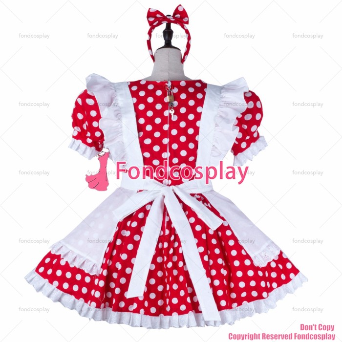 fondcosplay adult sexy cross dressing sissy maid Red dots cotton dress lockable Uniform white Heart apron CD/TV[G2240]