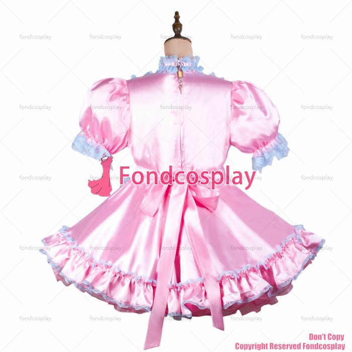fondcosplay adult sexy cross dressing sissy maid short baby pink satin dress lockable Uniform apron costume CD/TV[G2450]
