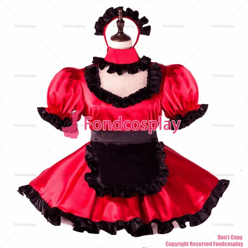 fondcosplay adult sexy cross dressing sissy maid short red satin dress lockable Uniform black apron costume CD/TV[G2260]