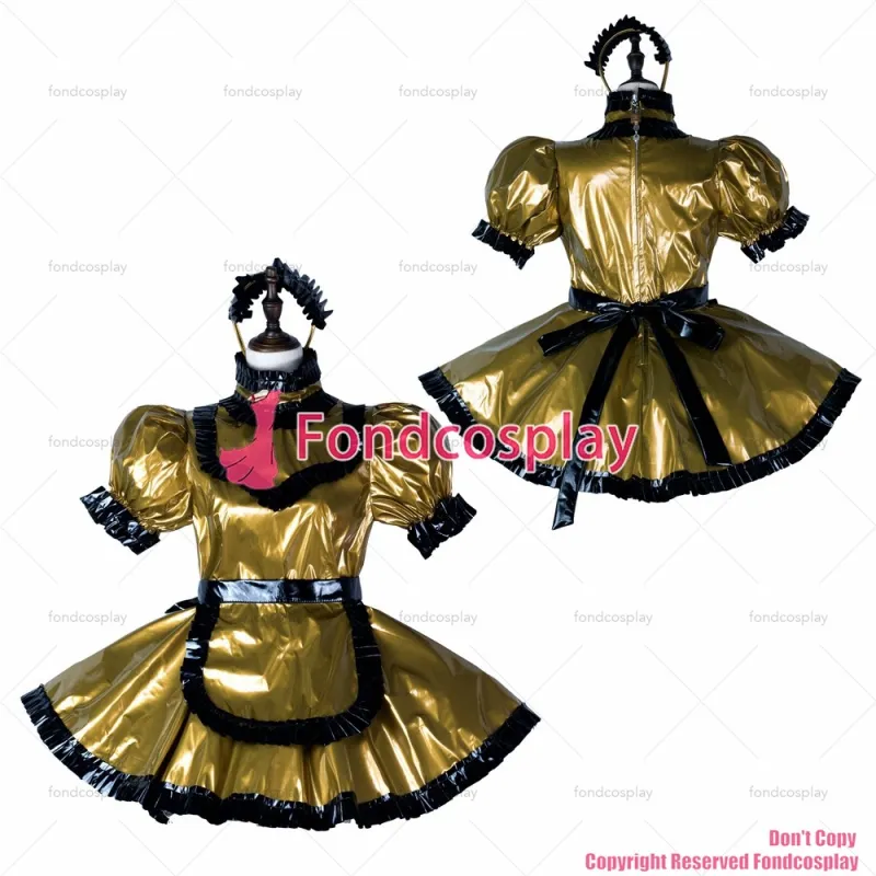 fondcosplay adult sexy cross dressing sissy maid Dark gold thin pvc dress lockable Uniform apron costume CD/TV[G2356]