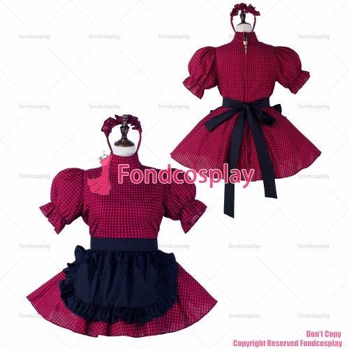 fondcosplay adult sexy cross dressing sissy maid short red cotton dress lockable Uniform black apron costume CD/TV[G2233]