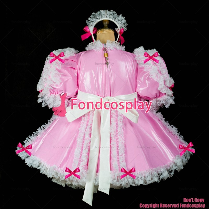 fondcosplay adult sexy cross dressing sissy maid short baby pink thin pvc dress lockable Uniform costume CD/TV[G2413]