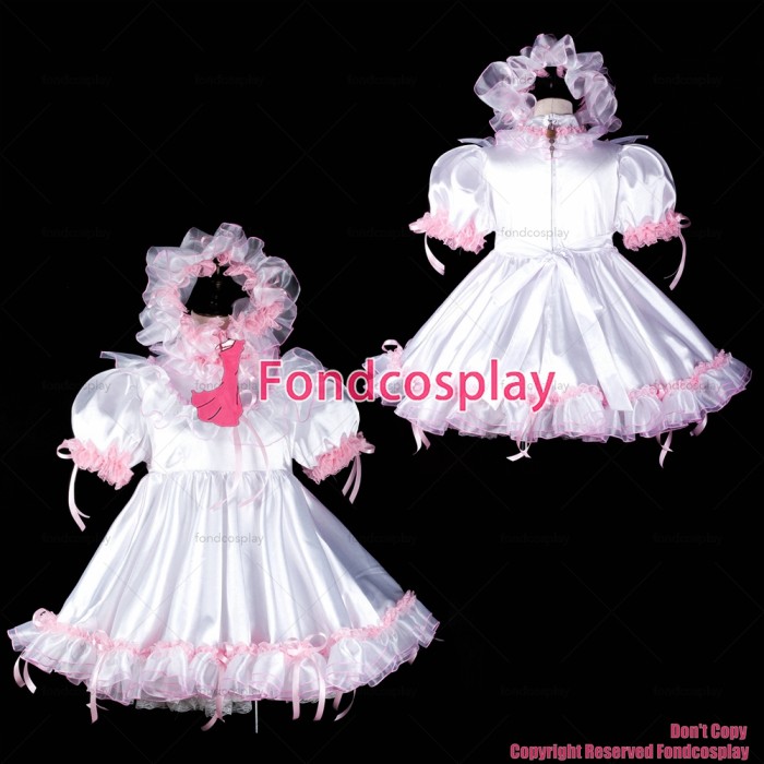 fondcosplay adult sexy cross dressing sissy maid baby white satin dress lockable Uniform cosplay headpiece CD/TV[G2393]