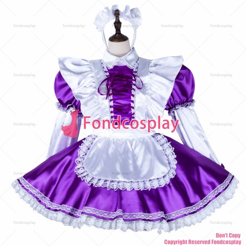 fondcosplay adult sexy cross dressing sissy maid Purple satin dress lockable Uniform white apron costume CD/TV[G2252]