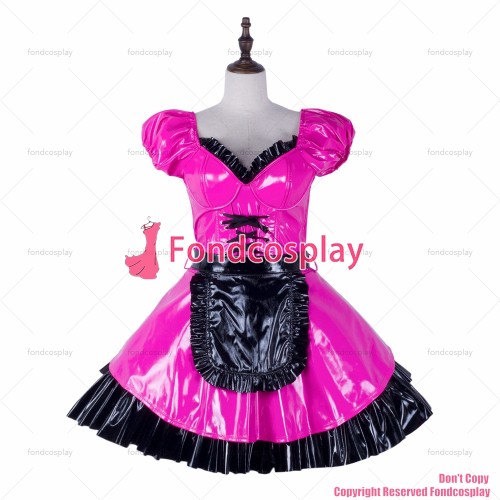 fondcosplay adult sexy cross dressing sissy maid black hot pink thin pvc dress lockable Uniform apron costume CD/TV[G2288]