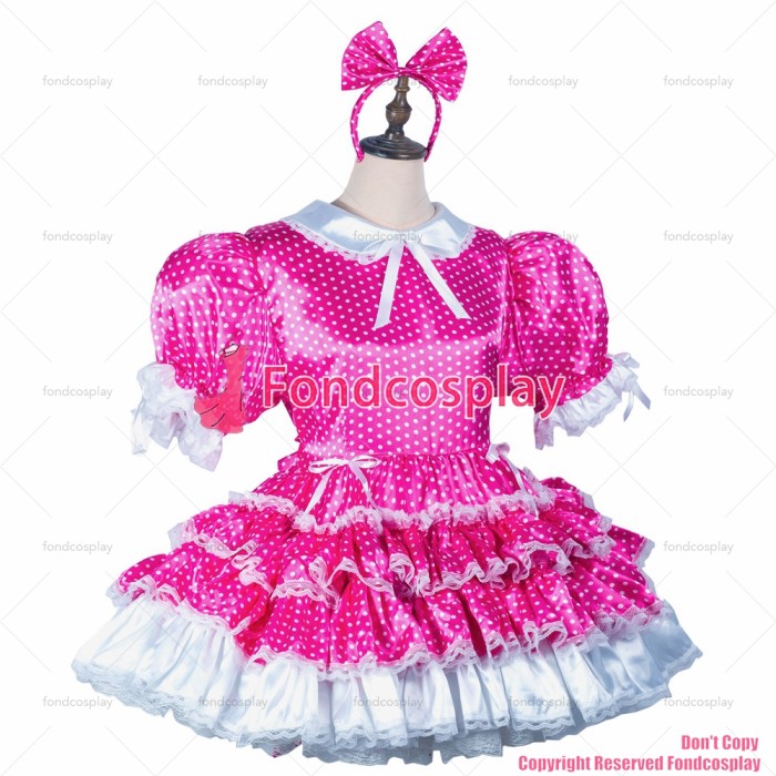 fondcosplay adult sexy cross dressing sissy maid hot pink Dots satin dress lockable Uniform Peter Pan collar CD/TV[G2423]